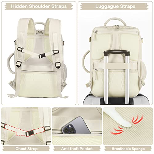 Hanples Travel Backpack for Women Men Large Carry On Person Item Flight Approved 17 In Laptop Backpack Waterproof anti theft Casual Luggage with 2 Toiletry Bag(Beige) - color: Beige, size: Large