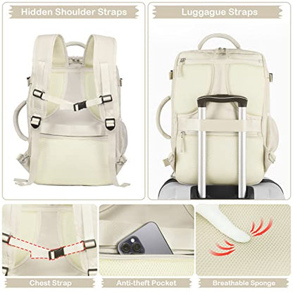 Hanples Travel Backpack for Women Men Large Carry On Person Item Flight Approved 17 In Laptop Backpack Waterproof anti theft Casual Luggage with 2 Toiletry Bag(Beige) - color: Beige, size: Large