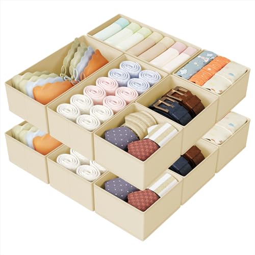 DIMJ Drawer Organizers Clothes, Set of 14 Dresser Organizer Bins, Fabric Closet Organizers and Storage, Shallow Drawer Dividers for Nursery, Clothing, Baby Clothes, Socks, Underwears, Tie (Beige) - color: Beige, size: 14 Pack