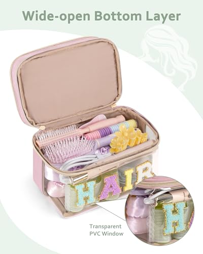 Fasrom Double Layer Hair Accessories Organizer, Preppy Patch Makeup Bag with HAIR Chenille Letter, Portable Travel Cosmetic Pouch Clear Toiletry Case for Women Girl, Pink(Bag Only, Patent Design) - color: Pink