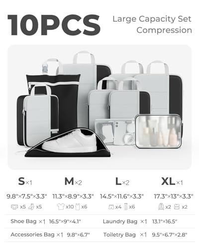 Percover Compression Packing Cubes for Travel, 10-Piece Structured Compression Organizer Set with Toiletry Bag, Laundry Bag & Shoe Bag for Carry-On & Checked Luggage, Black - color: Black, size: 10 Set