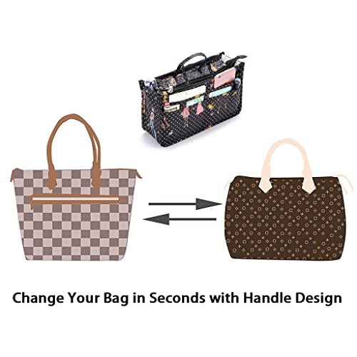 BTSKY Printing Handbag Organizers Inside Purse Insert-High Capacity 13 Pockets Bag Tote Organizer with Handle Fashion Style - color: Black+Pink