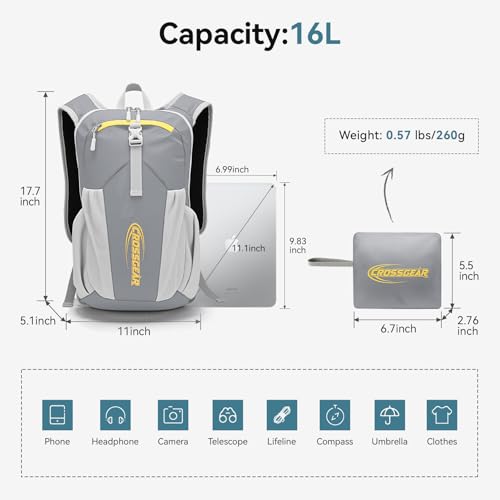 16L Small Hiking Backpack, CROSSGEAR Lightweight Waterproof Foldable Backpack, Travel Camping Outdoor Daypack for Women Men, Gray