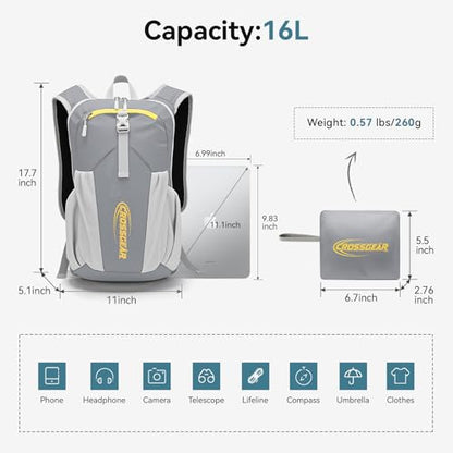 16L Small Hiking Backpack, CROSSGEAR Lightweight Waterproof Foldable Backpack, Travel Camping Outdoor Daypack for Women Men, Gray