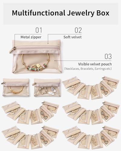 VLANDO Jewelry Travel Case,Travel Jewelry Organizer with Clear Velvet Jewelry Bags Zipper Pouch for Women Girl Gift 33Pcs - color: A.33 Bag