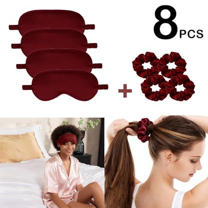 Satin Eye Mask 8Pcs Silk Sleep Masks Silky Blindfold Eyeshade Blackout Eyes Cover Scrunchies Hair Ties Travel Wedding Gifts - color: Burgundy