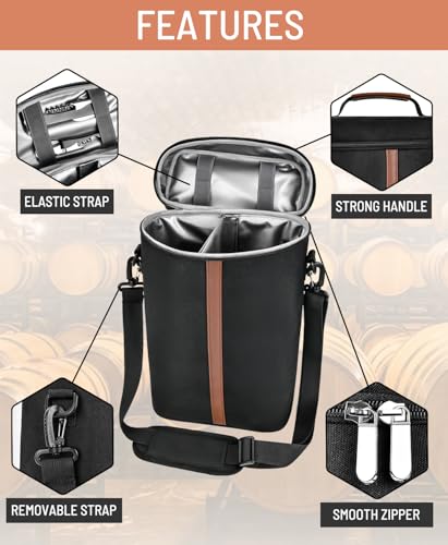 Insulated Wine Bag - Wine Bottle Carrier Tote Cooler Bags for Gifts Travel Picnic Beach, Black - 2 Bottle - color: Black, size: 2 Bottles