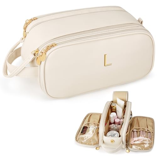 Travel Makeup Bag Birthday Gifts for Women Teen Girl, Personalized Initial Makeup Organizer Bag Large Opening Cosmetic Bags for Women Waterproof Storage Toiletry Bags, Beige,L - color: Beige, style: L