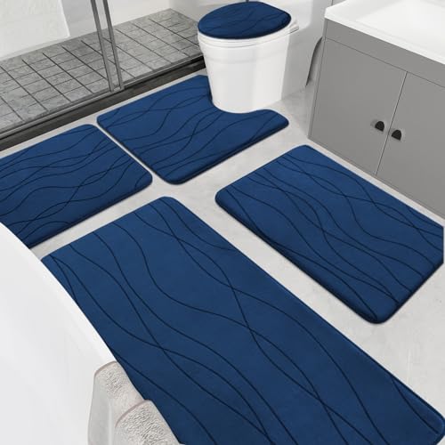 YIHOUSE Memory Foam Bathroom Rug Sets, Navy Blue, 5 Piece | Ultra Soft, Absorbent, Non-Slip, Machine Washable - color: Dark Blue, size: 1'8" x 3'10" (Rectangular)