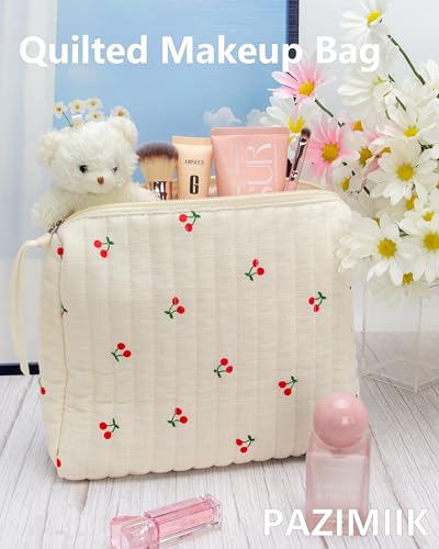 PAZIMIIK Quilted Makeup Bag Large Travel Zipper Soft Cosmetic Pouch for Women Girls Make Up,Cherry Beige - color: Cherry Beige, size: 1 PCS Pouch