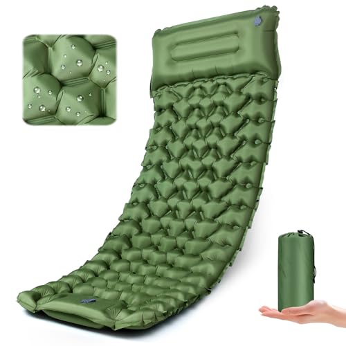 Sleeping Pad for Camping - Ultralight (1.9lbs) Inflatable Camping Mattress with Built-in Pillow & Foot Pump, 4" Thick Compact Air Pad for Backpacking, Hiking, Traveling, One-Second Deflation - color: Army Green