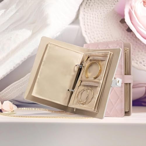 Faux Leather Jewelry Storage Case with 5 Detachable Pages, Tangle-Free Portable Jewelry Holder for Necklaces Rings Earrings Bracelets (Light-sensitive pink (with five-page cloth bag)) - color: Light-sensitive pink (with five-page cloth bag)