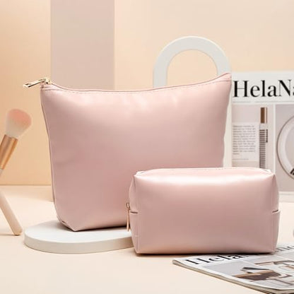 Kigeli 2 Pcs PU Leather Makeup Bag Set for Women Waterproof Aesthetic Cosmetic Bag Large & Small Travel Toiletry Organizer Pouch Skincare Organizer Bridesmaid Mother's Day Birthday Gift(Pink) - color: Pink