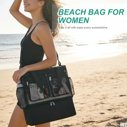 Beach Bags for Women, Large Beach Tote Bag Waterproof Mesh Swim Pool Bag with Cooler for Travel Vacation Essentials - color: Black