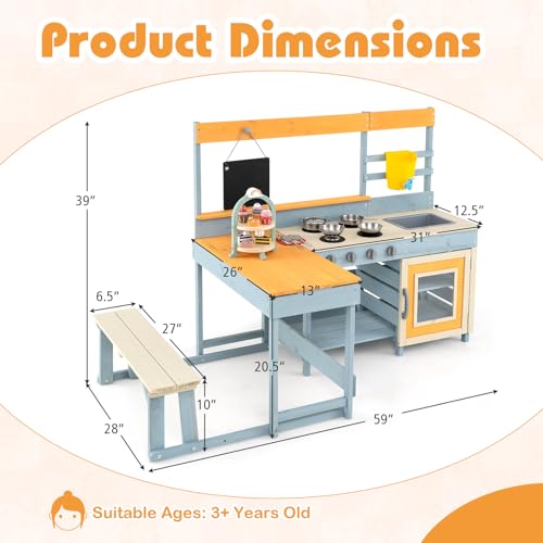 HONEY JOY Mud Kitchen & Kids Picnic Table, 2 in 1 Fir Wood Play Kitchen w/Built-in Bench, Blackboard, Water Box, Sink, Dessert & Cookware, Outdoor Kitchen Playset for Backyard