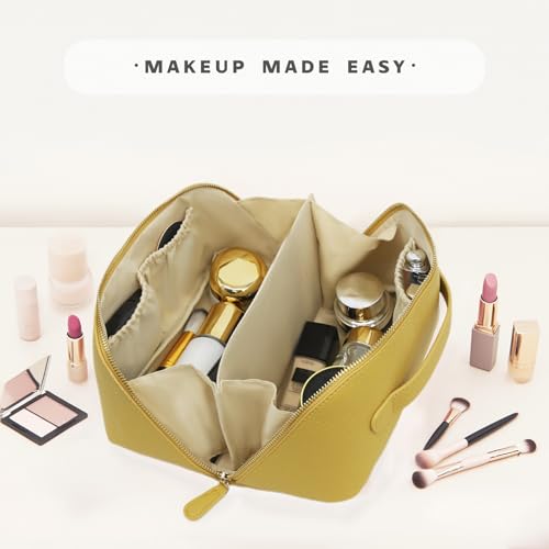 Travel Makeup Bag – Large Cosmetic Organizer with Waterproof PU Leather, Smooth Double Zipper & Tear-Resistant Lining, Toiletry Pouch for Women (Yellow) - color: 01-Yellow