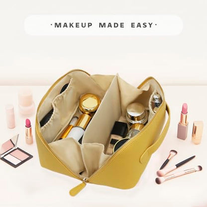Travel Makeup Bag – Large Cosmetic Organizer with Waterproof PU Leather, Smooth Double Zipper & Tear-Resistant Lining, Toiletry Pouch for Women (Yellow) - color: 01-Yellow