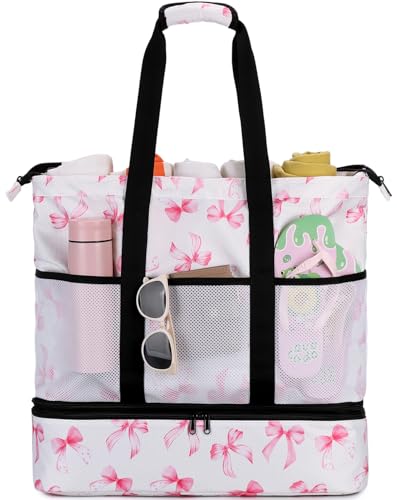 JIANYA Beach Bag Women Waterproof Sandproof Beach Tote Bags with Cooler Top Zipper Large Totes for Pool Travel Daily - color: Pink Bow