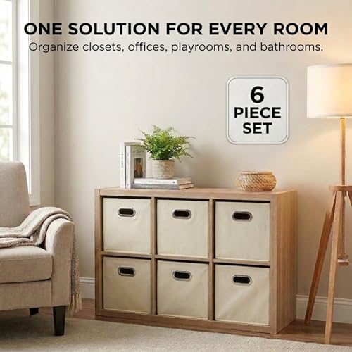 Fabric Storage Bins 6 Piece Set, Strong Poly-Woven Fabric, Sturdy Chipboard Sides, Grommet Front Handle, Stackable and Foldable, Classic Design, Cream - color: Cream, size: 11” L x 11” W x 11” H