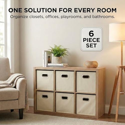 Fabric Storage Bins 6 Piece Set, Strong Poly-Woven Fabric, Sturdy Chipboard Sides, Grommet Front Handle, Stackable and Foldable, Classic Design, Cream - color: Cream, size: 11” L x 11” W x 11” H