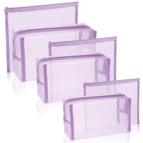 6 Pieces Mesh Makeup Bags Mesh Cosmetic Bag Portable Travel Organizing Zipper Pouch Toiletries Makeup Pouches for Home Office Travel Accessories - color: Light Purple
