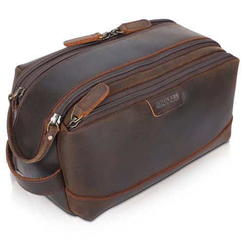 Polare Full Grain Leather Toiletry Bag for Men Large Travel Cosmetic Case Dopp Kit Shaving Kit Wash Pouch with YKK Zippers - color: Dark Brown