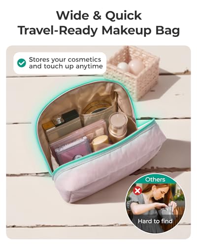 BAGSMART Puffy Makeup Bag, Wide Opening Cosmetic Organizer, Soft Water-Resistant Travel Toiletry Pouch for Women for Purse, Compact & Spacious - color: 02-Nude Pink