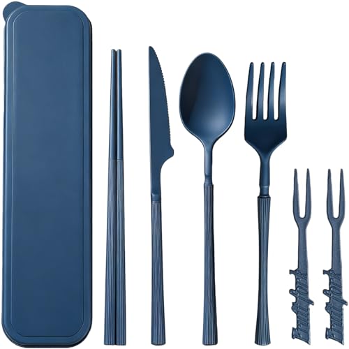 Reusable Travel Utensils Set with Case, Wheat Straw Portable Plastic Fork Spoon Knife Chopsticks Camping Cutlery, Eco-Friendly BPA Free Tableware Picnic Flatware for Kids Adults or Daily Use - color: Dark Blue