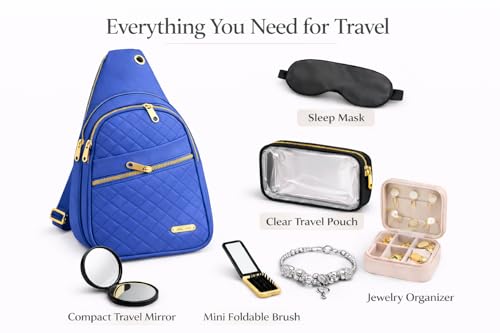 Travel Essentials Gift Set for Women – 7 Pc Travel Kit with Sling Bag, TSA Pouch, Jewelry Case & Sleep Mask - color: Mystic Blue