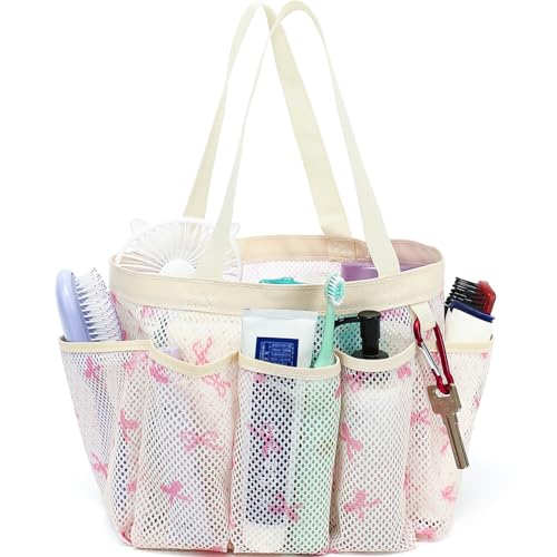Fammart Mesh Shower Caddy Portable for College Dorm Room Essentials, Odorless Polyester Large Shower Tote Bag with Dual Handles, 8-Pocket Quick-Dry Toiletry Organizer for Travel, Beach, Camping, Gym - color: Multiple Pockets - Pink Butterfly