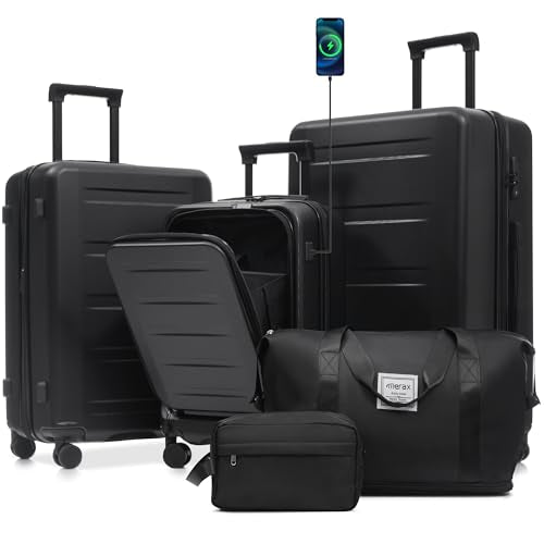 Merax Luggage Sets 5 Piece Front Open, Hardside 20" Carry On Suitcase Set with USB Port,Lightweight Expandable Travel 24" 28" Luggage with Bags TSA Locks Double Spinner Wheels,Black - color: Black-1, size: 3 piece(20front open+24+28+bags)