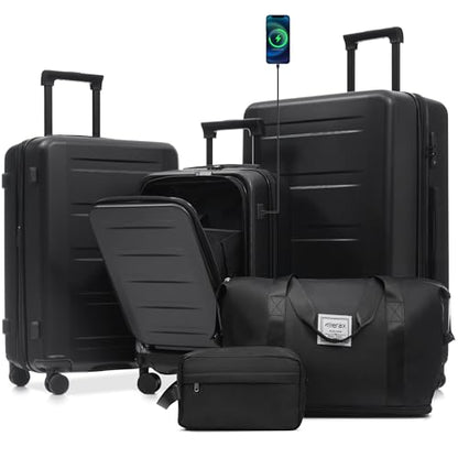 Merax Luggage Sets 5 Piece Front Open, Hardside 20" Carry On Suitcase Set with USB Port,Lightweight Expandable Travel 24" 28" Luggage with Bags TSA Locks Double Spinner Wheels,Black - color: Black-1, size: 3 piece(20front open+24+28+bags)