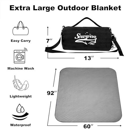 Waterproof Outdoor Blanket 92”X 60” Packable, Stadium Blankets for Camping with Quilted Fleece Lining, Large Windproof Emergency Throw Mat for Garss Picnic Hiking Road Trip, Machine Washable, Black - color: Fleece Black-300 Gsm, size: 92"x 60"
