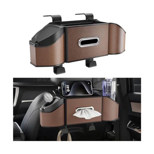 HZEL Car Seat Back Organizer, 7 in 1 Vehicle Backseat Storage Box with Cup Holder Tissue Box Trash Bin & Hooks, Multifunctional Auto Interior Headrest Organizer, Universal for SUV RV Truck (Brown) - color: Brown