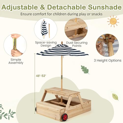 HONEY JOY Kids Picnic Table with Sandbox, Fir Wood Toddler Outdoor Table & Chair Set w/Wheels, Removable Umbrella & Sensory Bin, Children Convertible Outdoor Furniture for Backyard Patio Garden (Blue)