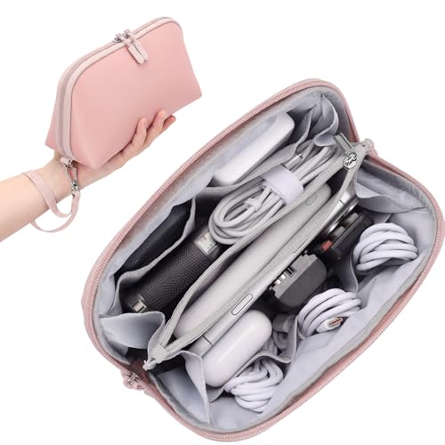 FYY Travel Cable Organizer - 8 Compartments Lightweight Water Resistant Tech Pouch with Wrist Strap, Portable Electronic Accessories Case for Cord Charger Storage for Travel Home Office Pink (Medium) - color: Pink, style: M