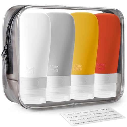 INSFIT Travel Bottles for Toiletries, TSA Approved 3oz Travel Size Containers, BPA Free Leak Proof Squeezable Silicone Tubes for Shampoo Conditioner Lotion Body Wash with Labels - color: Orange 2oz, size: 2 Ounce