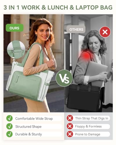 HOMESPON Lunch Bag, 24.5L Large Tote Bag for Women, Laptop Bag Fits 15.6" with Insulated Lunch Compartment & Shoulder Strap, Work Tote for Nurse, Teacher, Office, Commute, Travel, Beige-green - color: Green