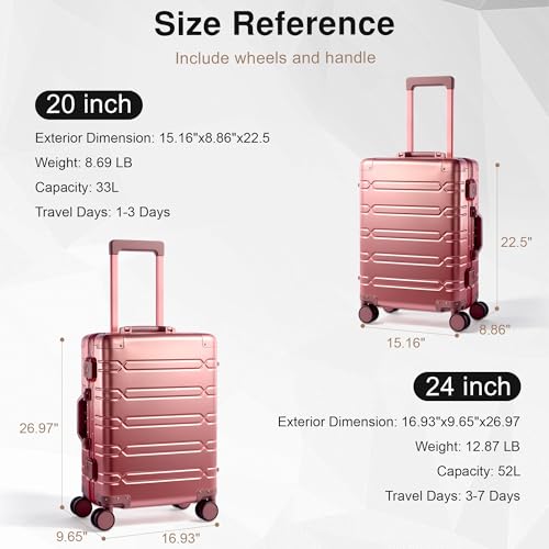 VentureVault All Aluminum Carry On Luggage 22x14x9 Airline Approved，Zipperless Luggage Premium Aluminum Suitcase Luggage, Hard Shell Carry On Luggage with Spinner Wheels (rose gold, 20inch) - color: Rose Gold, size: 20inch