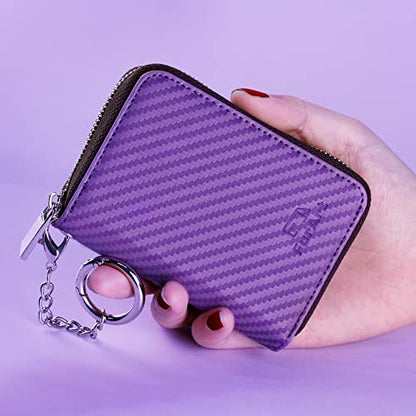 FurArt Zipper Wallet Women, RFID Blocking Credit Card Wallet, Business Card Holder, Compact Size KeyChain Wallet - color: Carbon Fiber Purple