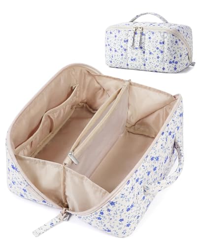 BAGSMART Travel Makeup Bag for Women, Portable Water-resistant Cosmetic Case, Puffy Padded Make Up Organizer Pouch, Open Flat Toiletry Bag for Toiletries, Brushes, Blue Ditsy Floral - color: 17-Blue Ditsy Floral