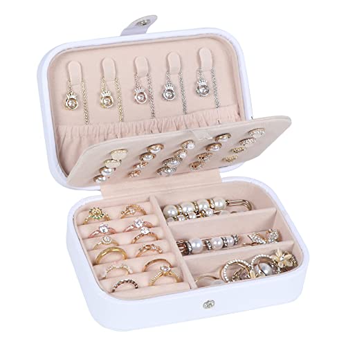 Hatori Travel Jewelry Box, PU Leather Small Jewelry Organizer for Women Girls, Double Layer Portable Mini Travel Case Display Storage Holder Boxes for Stud Earrings, Rings (White Beige) - color: White Beige