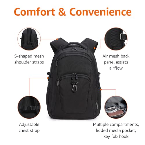 Amazon Basics Travel Laptop Backpack with Multiple Pockets and Compartments for 15.6 inch Laptop, Water Resistant, Spacious with Padded Shoulder Straps, Black | for 15.6 inch Laptop - size: 15.6"