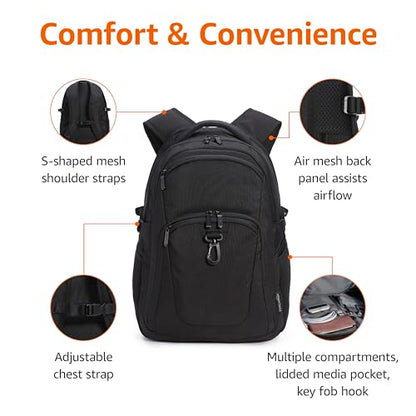 Amazon Basics Travel Laptop Backpack with Multiple Pockets and Compartments for 15.6 inch Laptop, Water Resistant, Spacious with Padded Shoulder Straps, Black | for 15.6 inch Laptop - size: 15.6"
