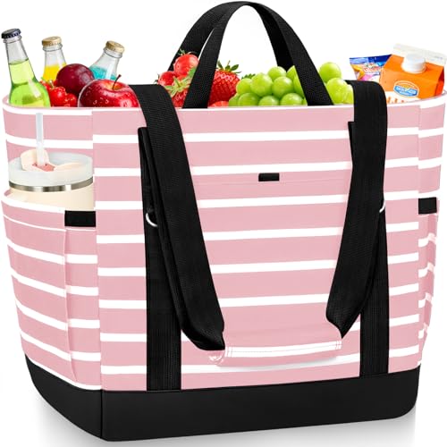 Cooler Bag Insulated, Soft Side Cooler, Reusable Grocery Bags with Zipper Closure, Thermal Leakproof Large Insulated Tote Bag for Hot/Cold Food for Grocery, Beach, Travel, Picnic - color: Pink and White