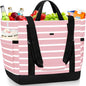 Cooler Bag Insulated, Soft Side Cooler, Reusable Grocery Bags with Zipper Closure, Thermal Leakproof Large Insulated Tote Bag for Hot/Cold Food for Grocery, Beach, Travel, Picnic - color: Pink and White