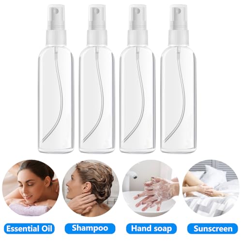DTDNZKN 4 Pack 3.4 Oz (100ml) TSA Approved Travel Bottles, Travel Size Containers Spray Bottles with Labels - Fine Mist, Refillable, Reusable, Leak Proof