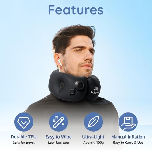 Inflatable Neck Pillow, Portable Travel Neck Pillow Airplane, Storable Black Neck Pillows Travel with Washable Cover, Adjustable Air-Fill Support