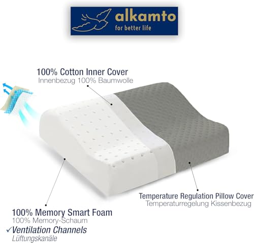 alkamto Travel & Camping Comfortable Memory Foam Pillow – Easy to Carry Portable Bag – Temperature Regulating Pillow Case (Grey Contour + Extra Cover) - size: Grey Contour Travel + Extra Cover