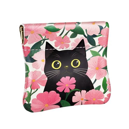Travelambo Leather Squeeze Coin Purse Pouch Change Holder For Men & Women - color: Pink Floral Cat